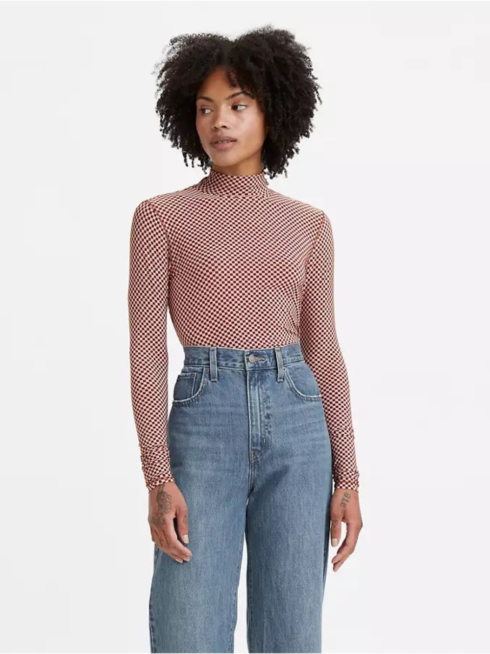Checked Mock Neck Long-Sleeve Top in Red